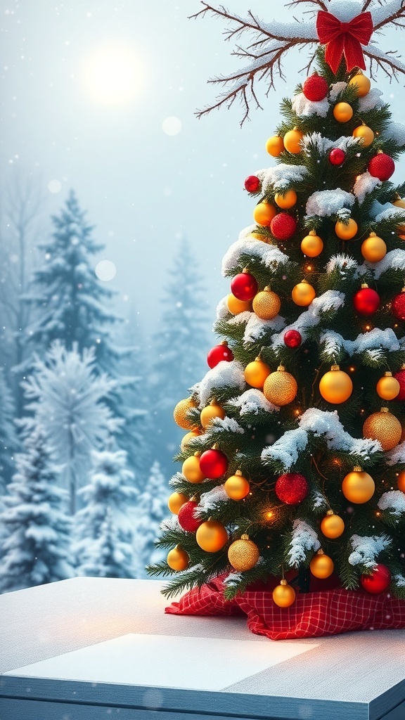 Christmas Background UI Design Christmas-themed UI background with snow, a decorated tree, and twinkling lights.